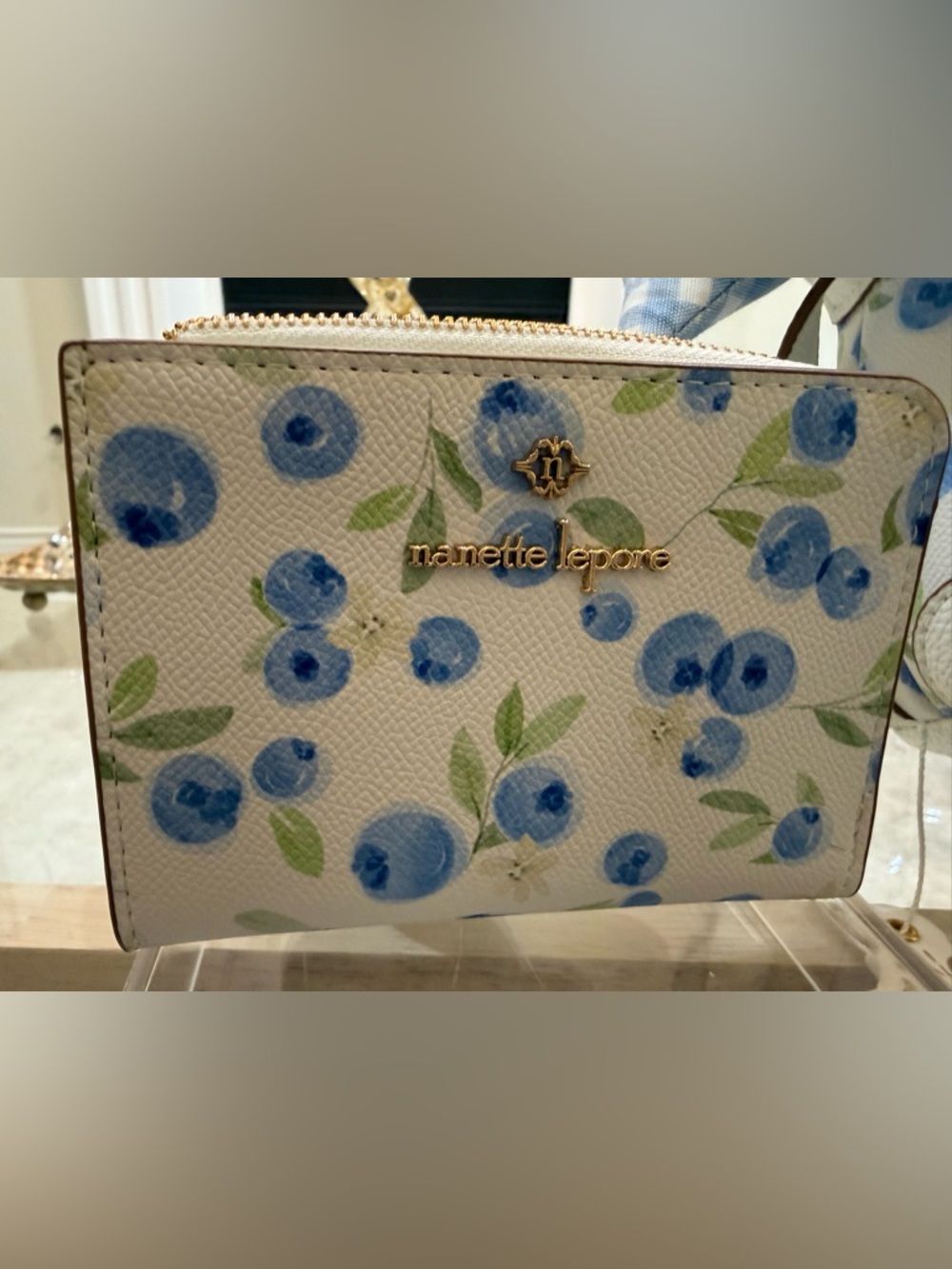 Nanette Lepore White Wallet with Blue Floral Print and Gold Logo